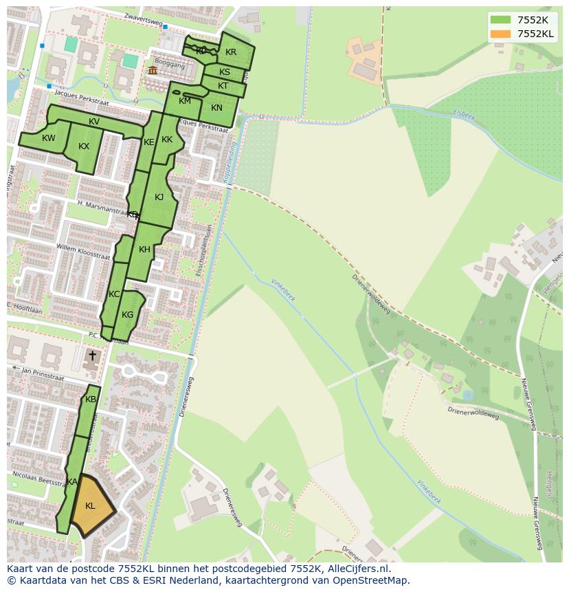 Afbeelding van het postcodegebied 7552 KL op de kaart.