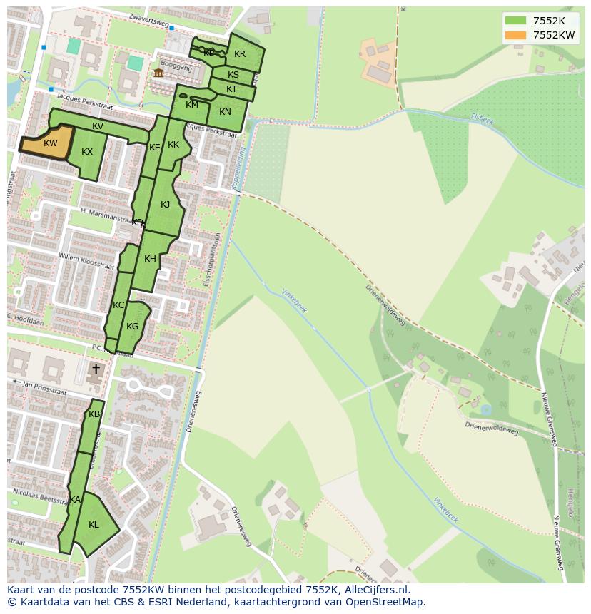 Afbeelding van het postcodegebied 7552 KW op de kaart.