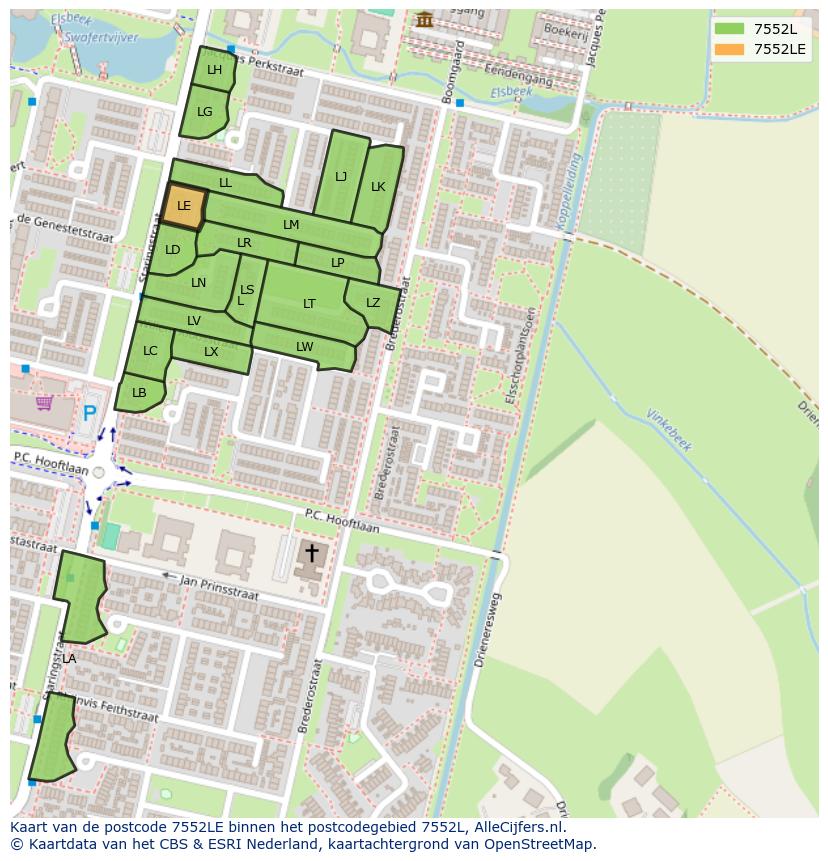 Afbeelding van het postcodegebied 7552 LE op de kaart.