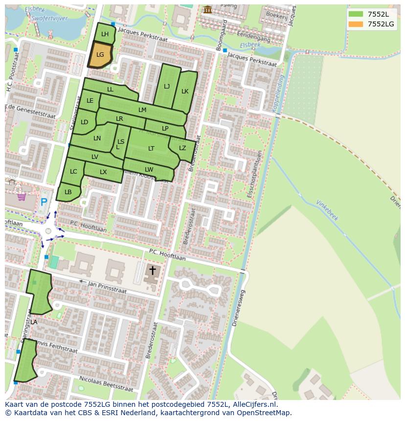 Afbeelding van het postcodegebied 7552 LG op de kaart.