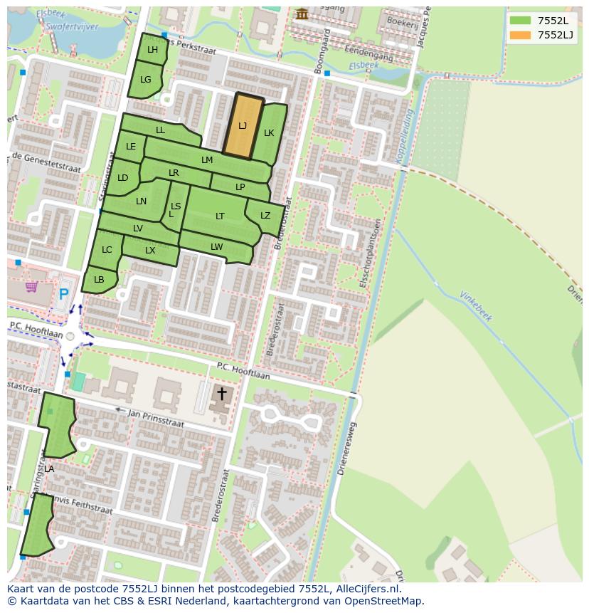 Afbeelding van het postcodegebied 7552 LJ op de kaart.