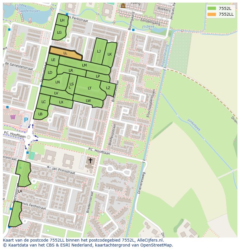 Afbeelding van het postcodegebied 7552 LL op de kaart.