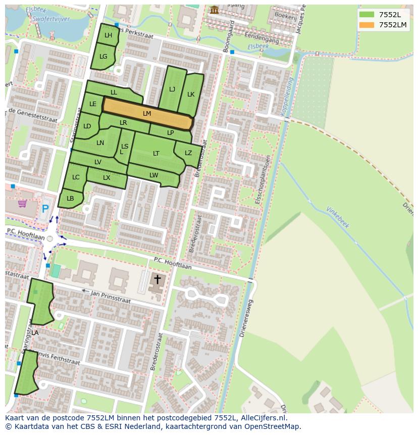 Afbeelding van het postcodegebied 7552 LM op de kaart.