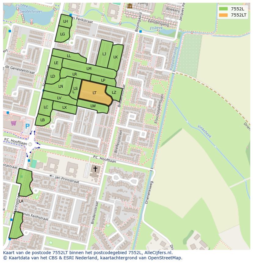 Afbeelding van het postcodegebied 7552 LT op de kaart.