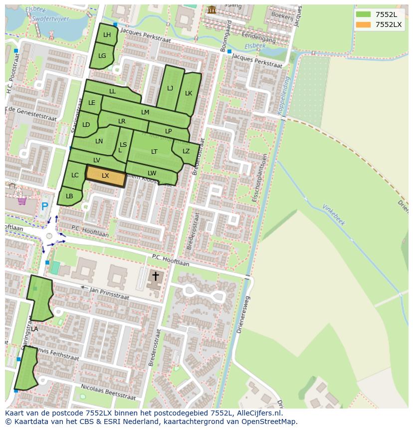 Afbeelding van het postcodegebied 7552 LX op de kaart.