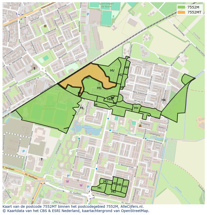 Afbeelding van het postcodegebied 7552 MT op de kaart.