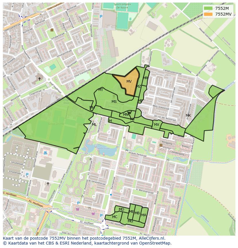 Afbeelding van het postcodegebied 7552 MV op de kaart.