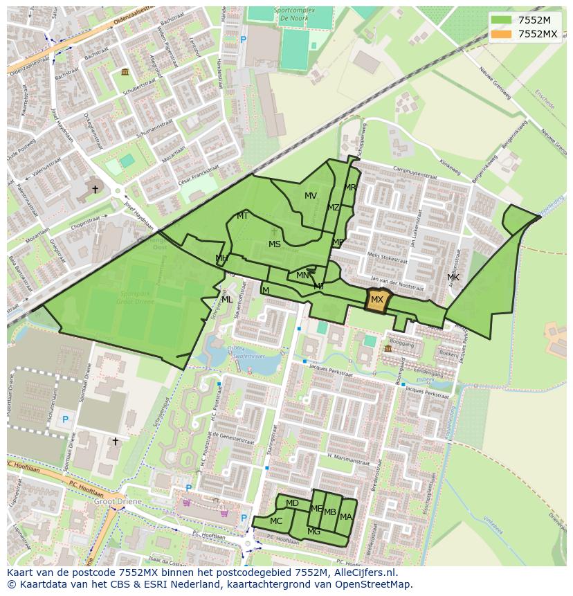 Afbeelding van het postcodegebied 7552 MX op de kaart.