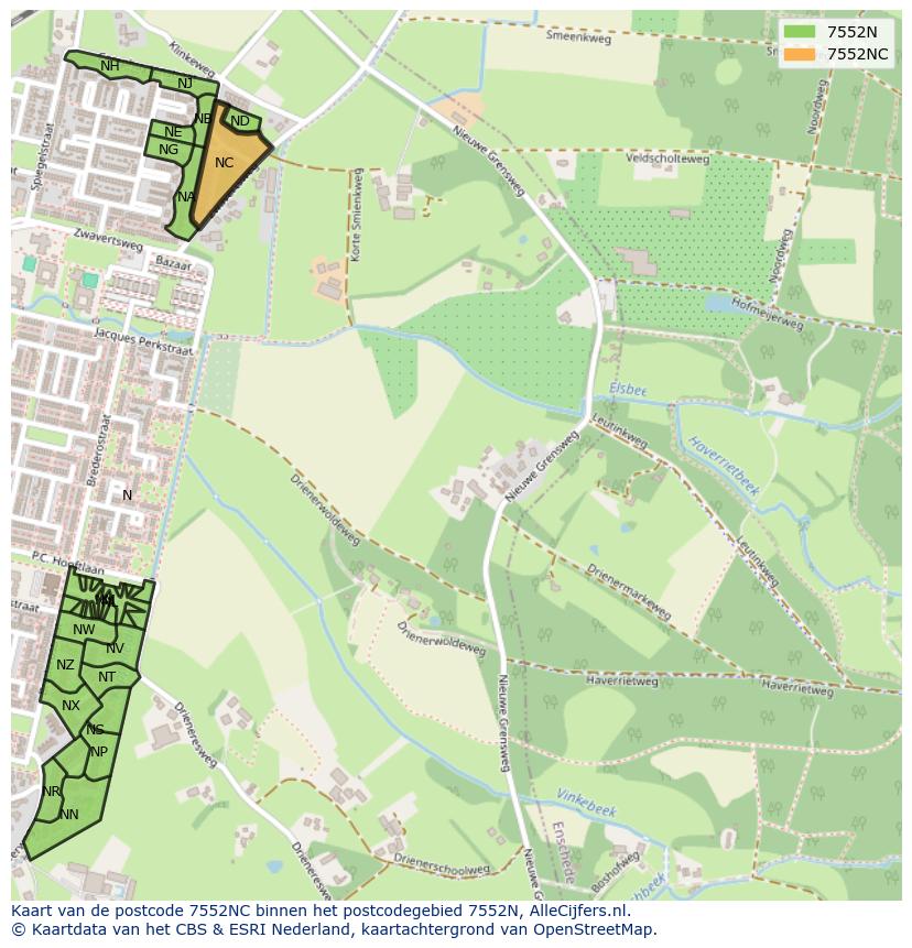Afbeelding van het postcodegebied 7552 NC op de kaart.