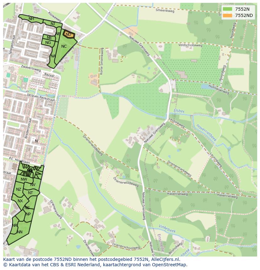 Afbeelding van het postcodegebied 7552 ND op de kaart.