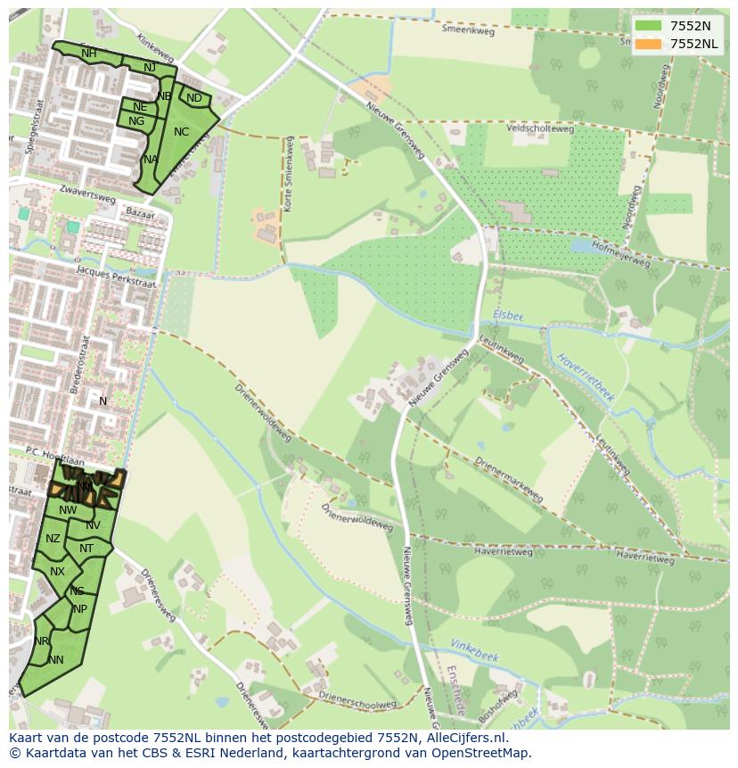 Afbeelding van het postcodegebied 7552 NL op de kaart.