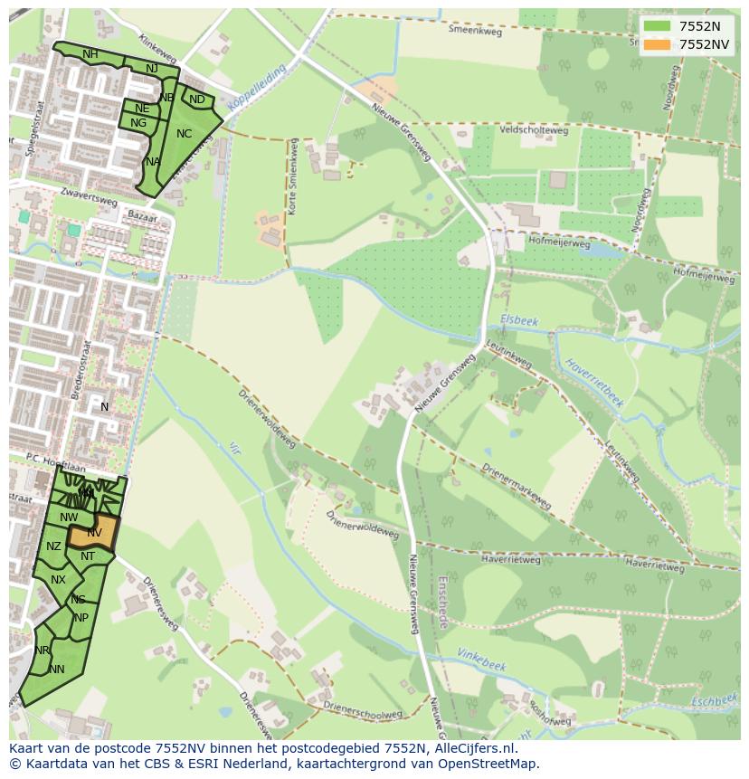 Afbeelding van het postcodegebied 7552 NV op de kaart.