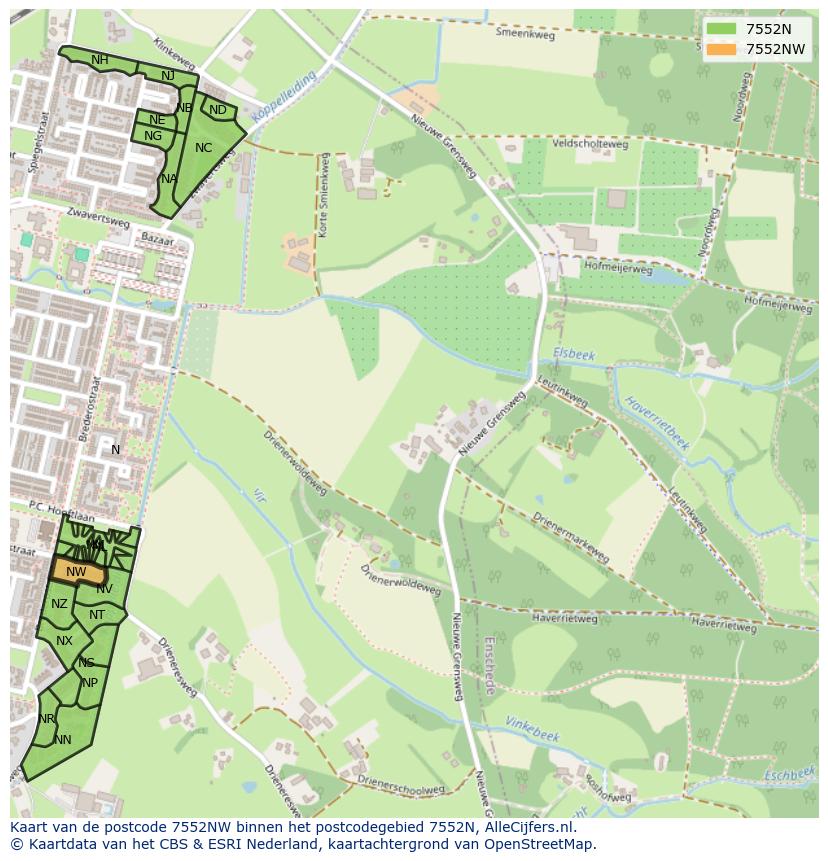 Afbeelding van het postcodegebied 7552 NW op de kaart.