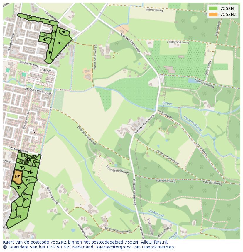 Afbeelding van het postcodegebied 7552 NZ op de kaart.