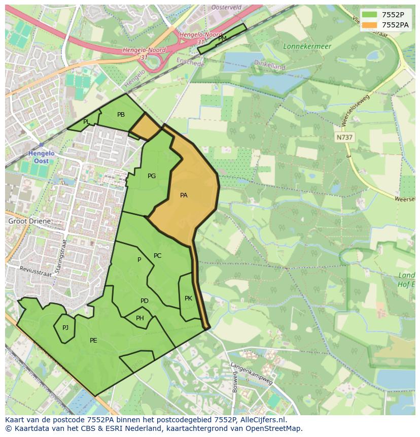 Afbeelding van het postcodegebied 7552 PA op de kaart.