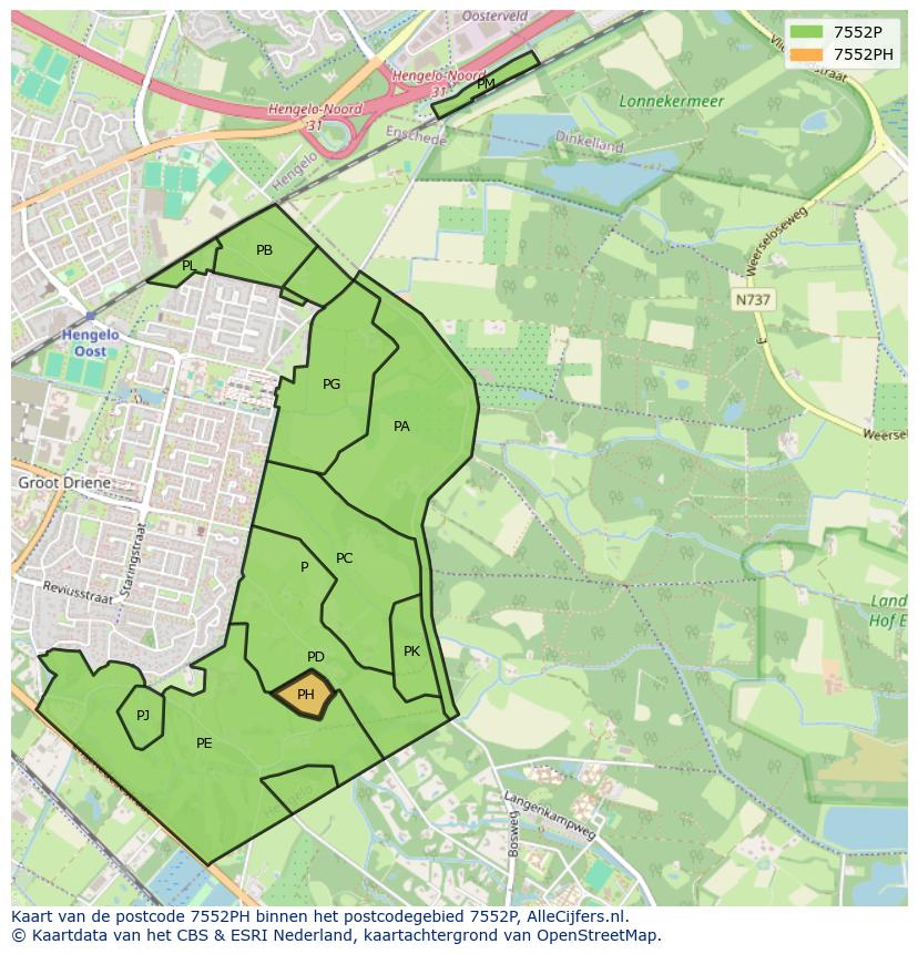 Afbeelding van het postcodegebied 7552 PH op de kaart.