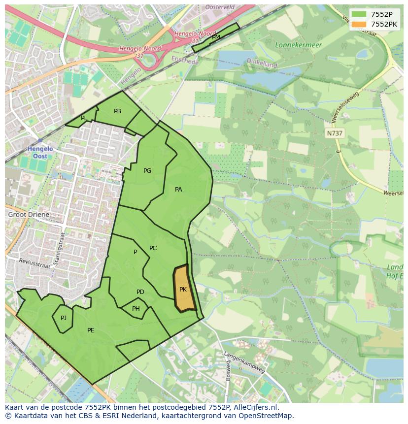 Afbeelding van het postcodegebied 7552 PK op de kaart.