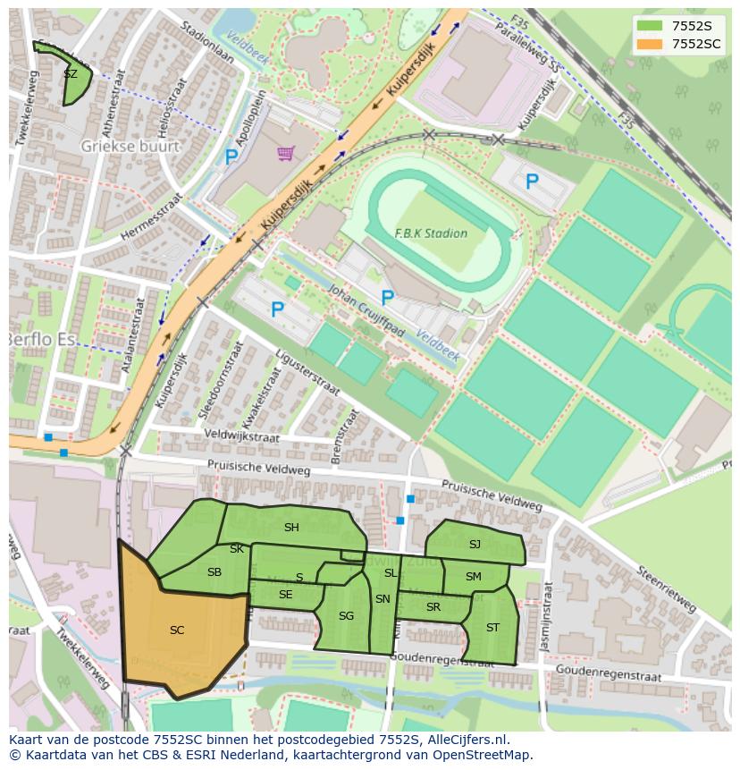 Afbeelding van het postcodegebied 7552 SC op de kaart.
