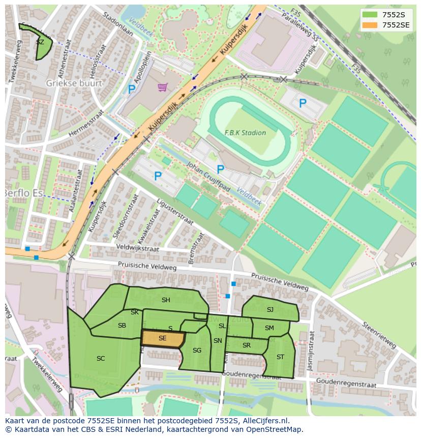 Afbeelding van het postcodegebied 7552 SE op de kaart.