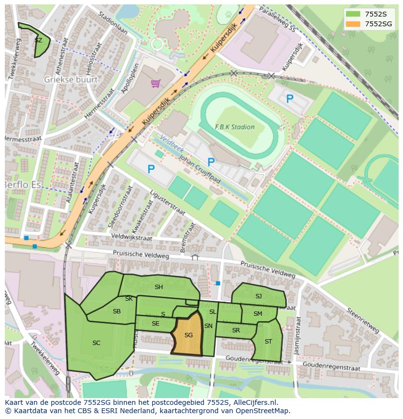 Afbeelding van het postcodegebied 7552 SG op de kaart.
