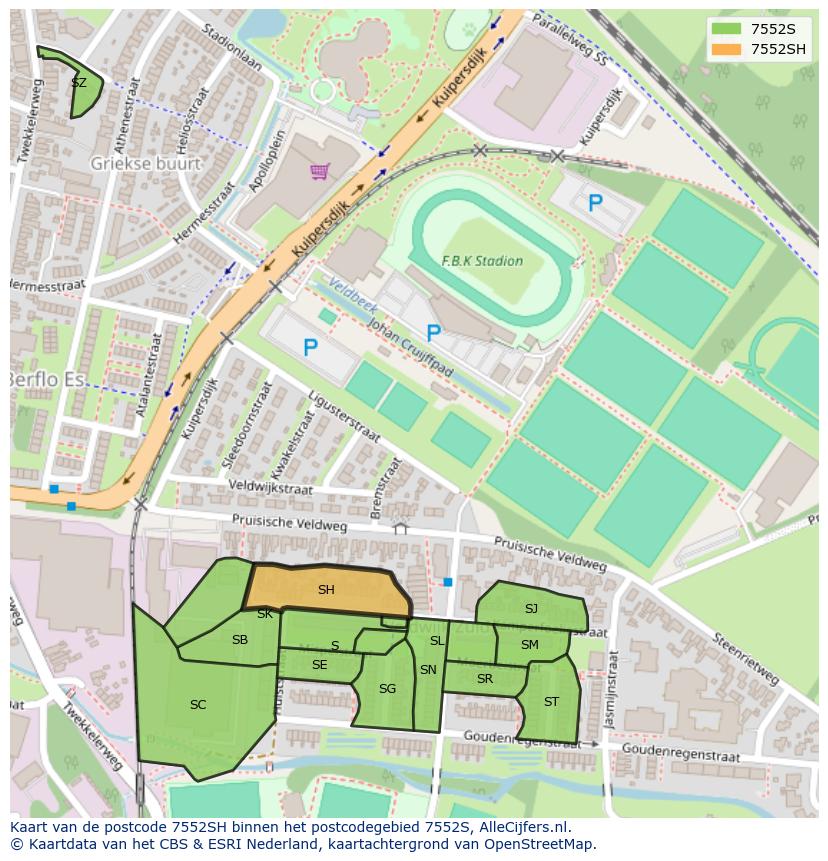 Afbeelding van het postcodegebied 7552 SH op de kaart.