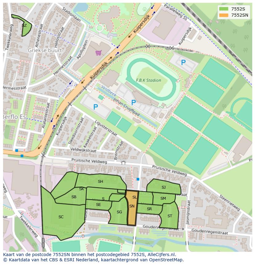 Afbeelding van het postcodegebied 7552 SN op de kaart.