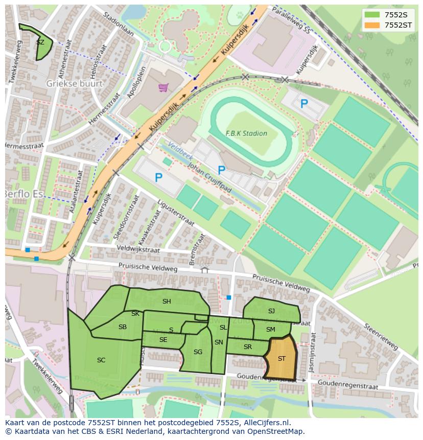 Afbeelding van het postcodegebied 7552 ST op de kaart.