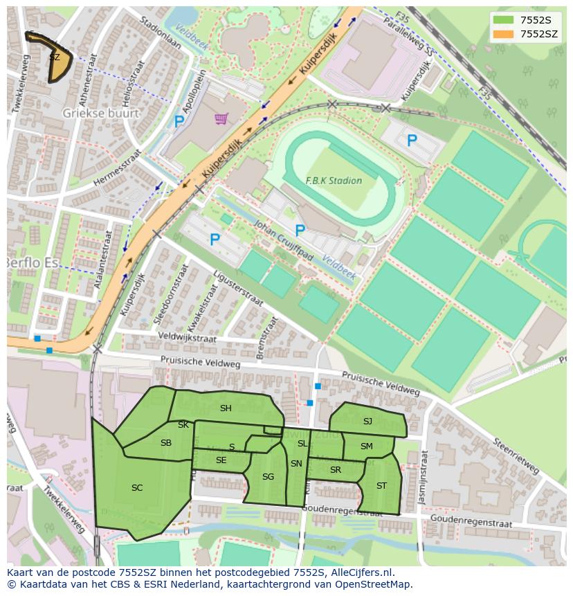 Afbeelding van het postcodegebied 7552 SZ op de kaart.
