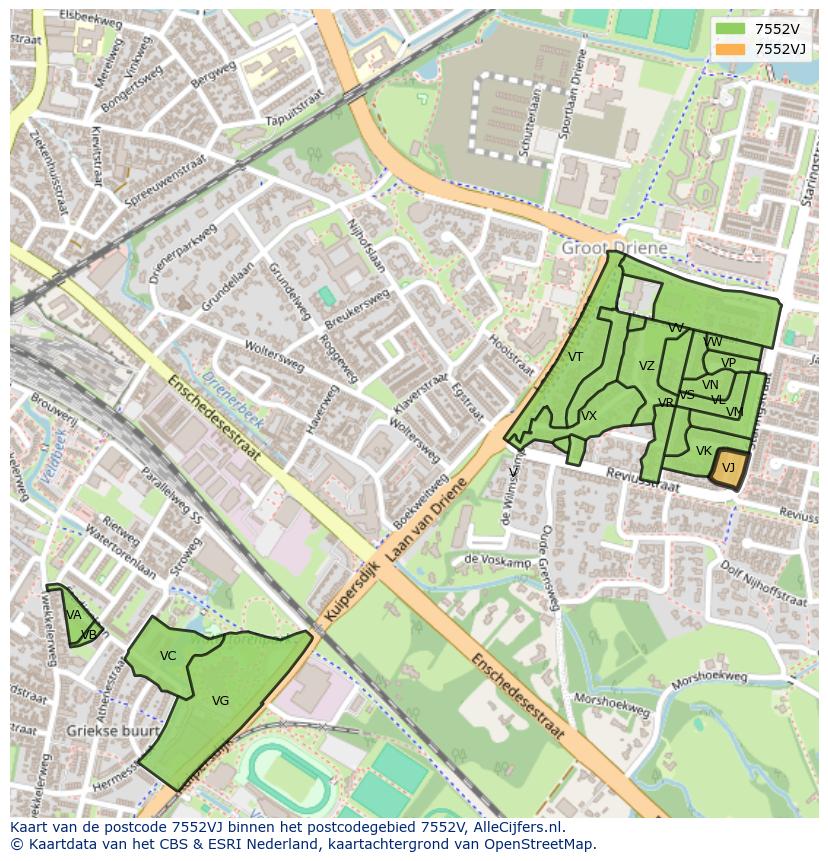 Afbeelding van het postcodegebied 7552 VJ op de kaart.