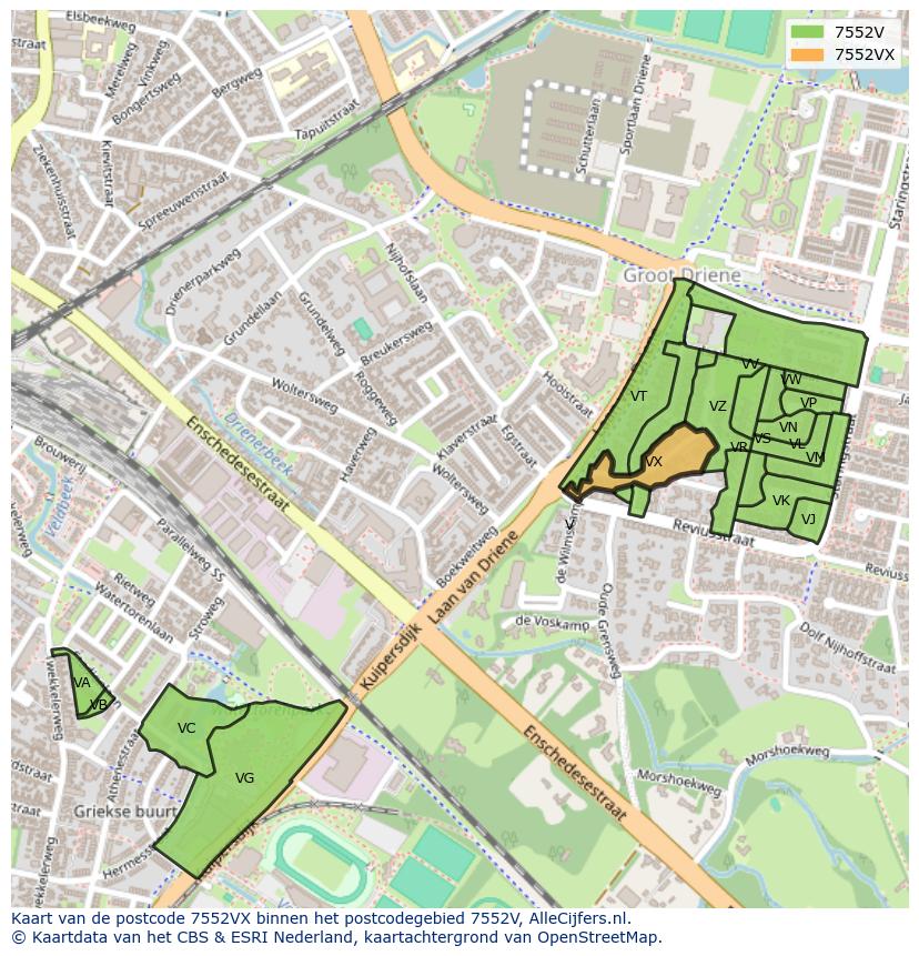 Afbeelding van het postcodegebied 7552 VX op de kaart.
