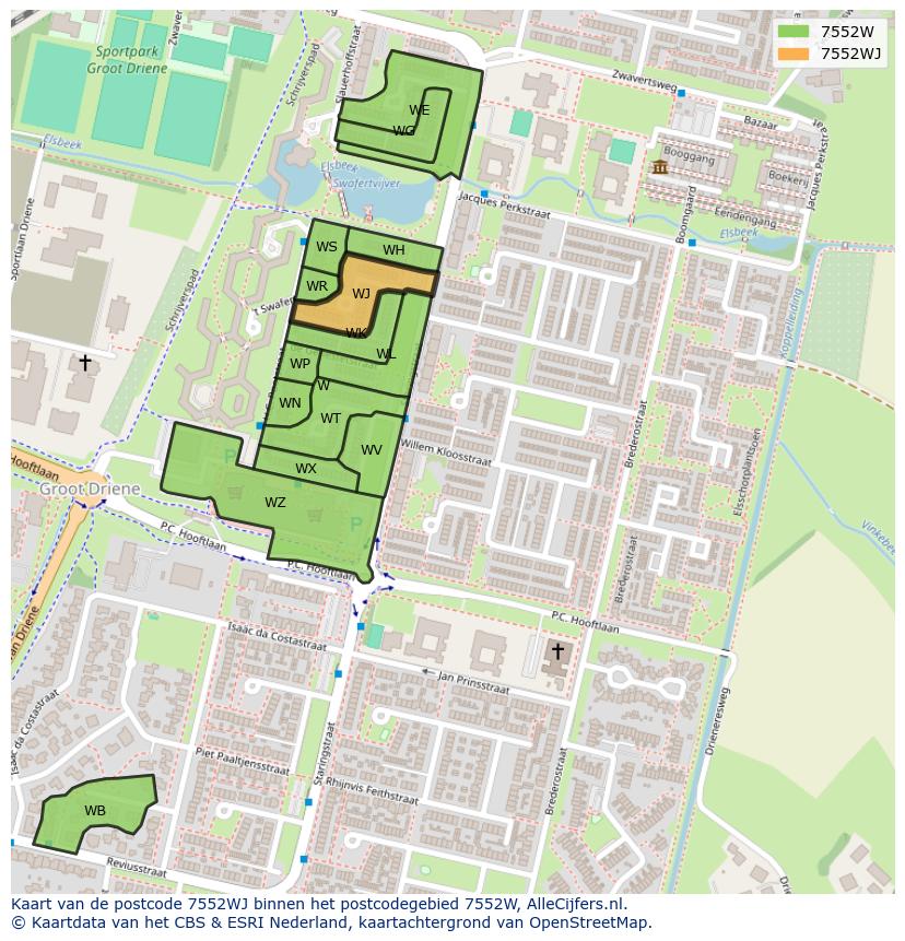 Afbeelding van het postcodegebied 7552 WJ op de kaart.