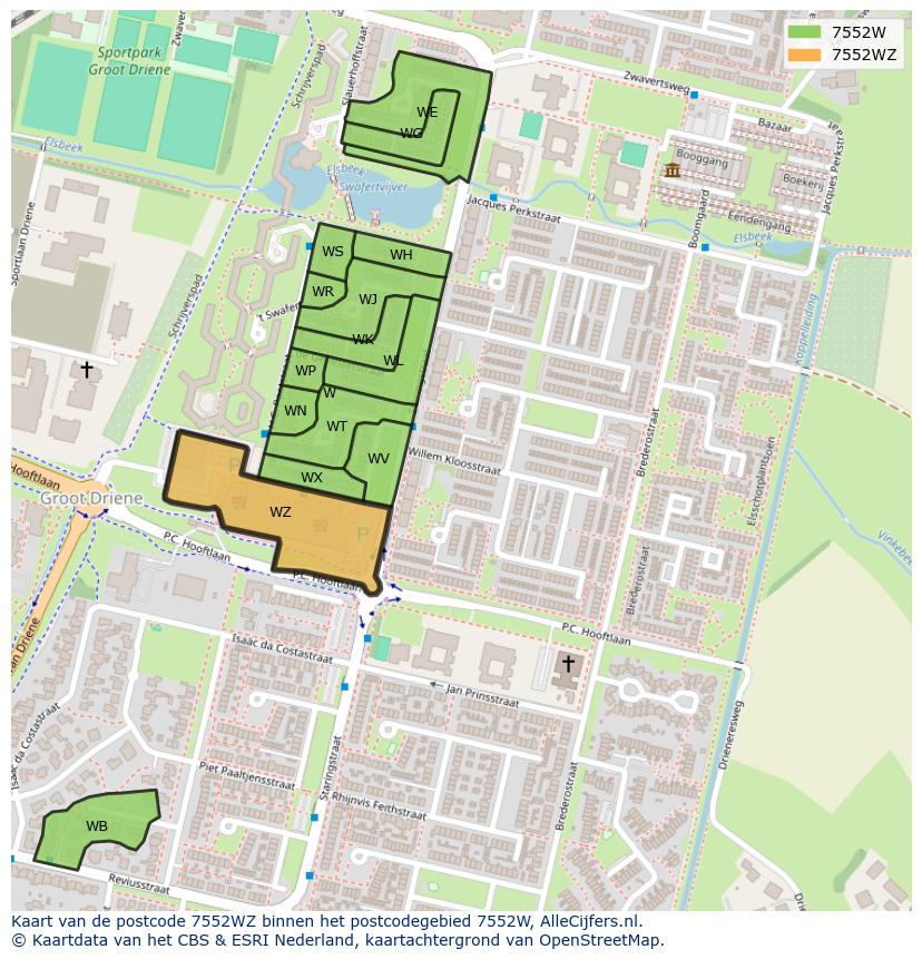 Afbeelding van het postcodegebied 7552 WZ op de kaart.
