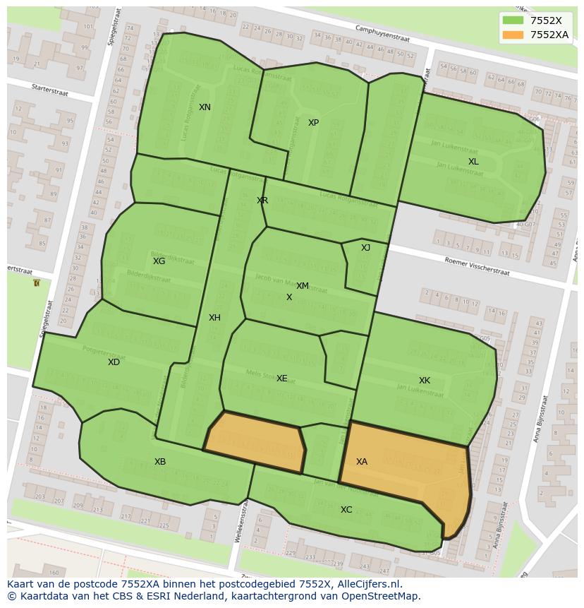 Afbeelding van het postcodegebied 7552 XA op de kaart.