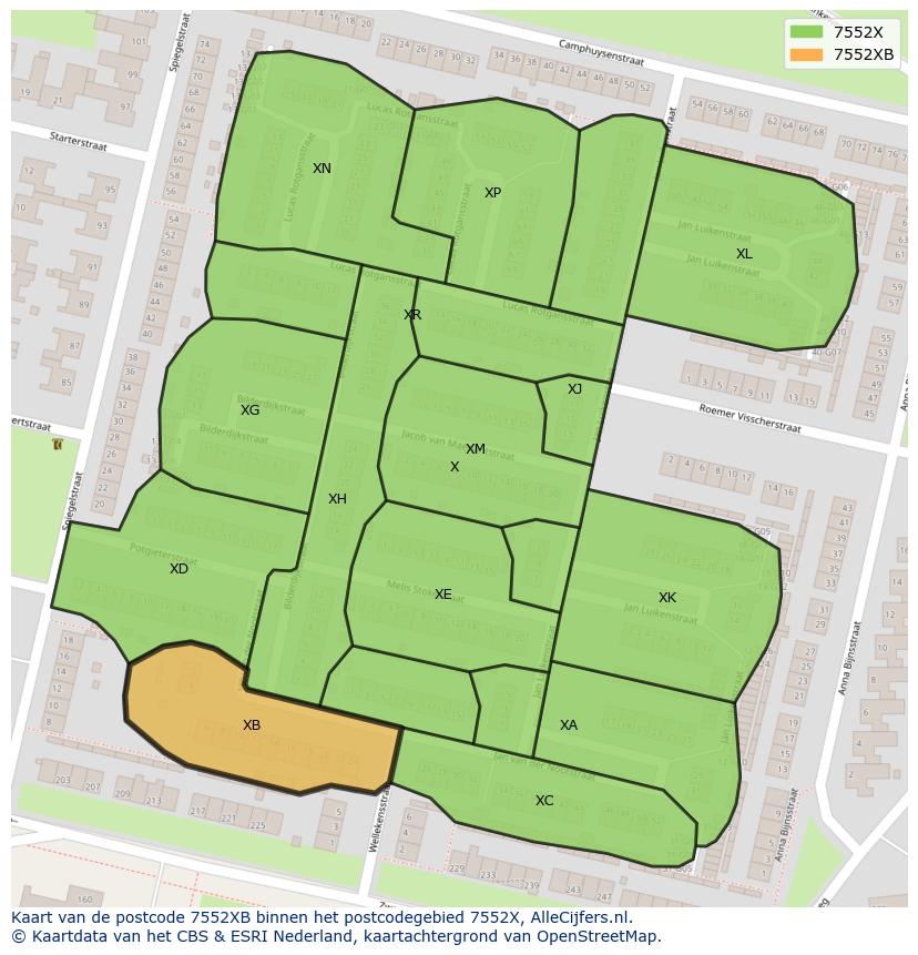 Afbeelding van het postcodegebied 7552 XB op de kaart.