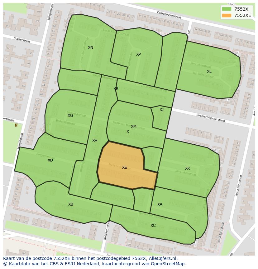 Afbeelding van het postcodegebied 7552 XE op de kaart.