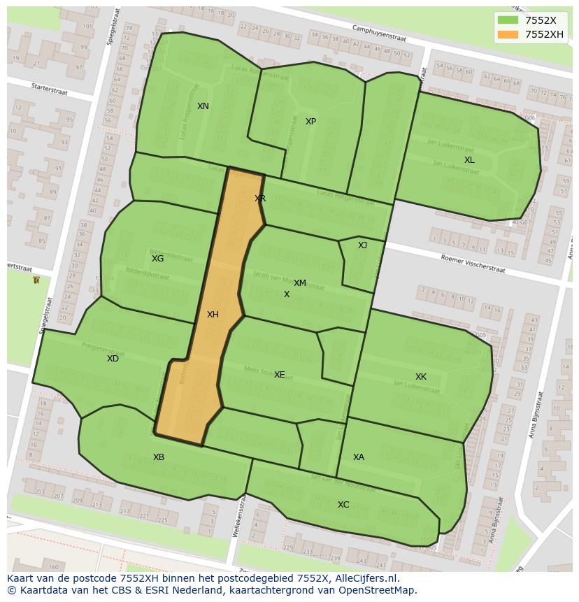 Afbeelding van het postcodegebied 7552 XH op de kaart.