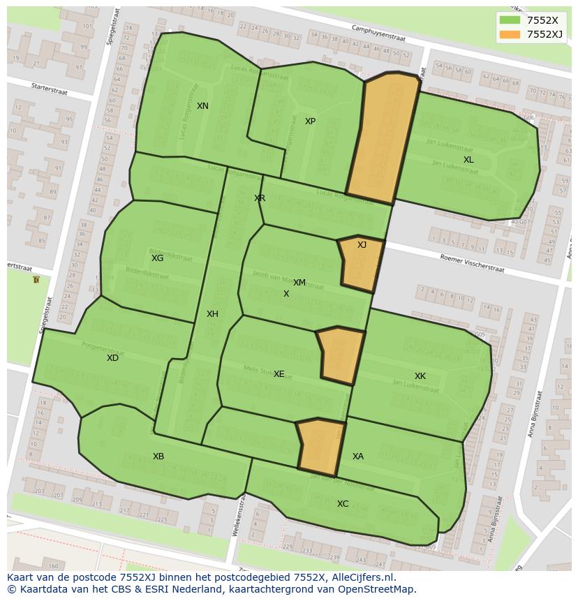 Afbeelding van het postcodegebied 7552 XJ op de kaart.