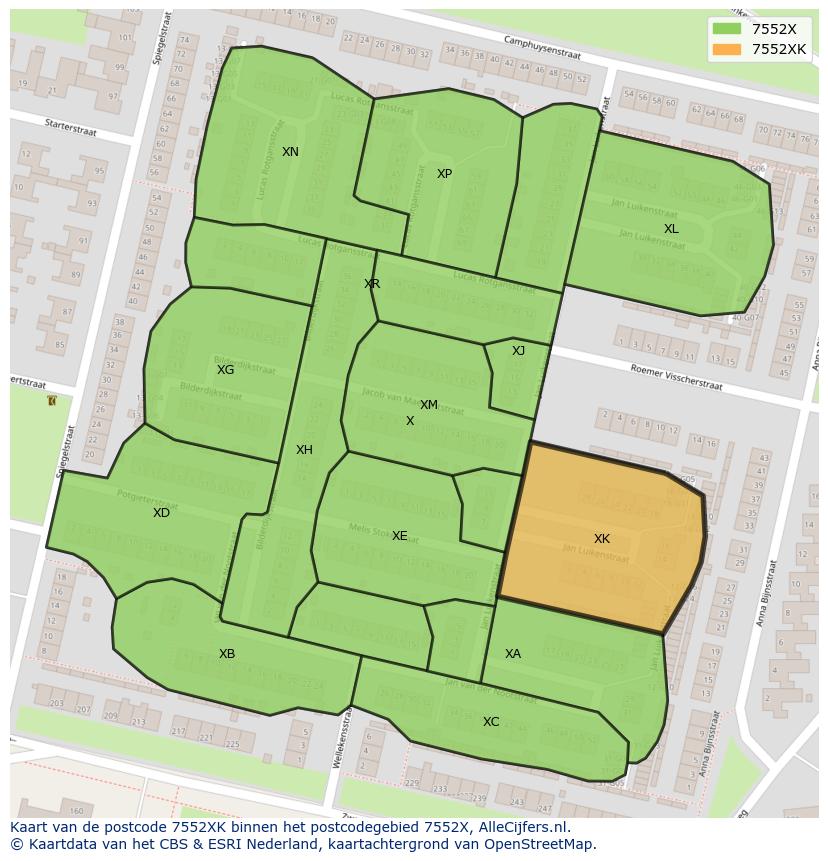 Afbeelding van het postcodegebied 7552 XK op de kaart.