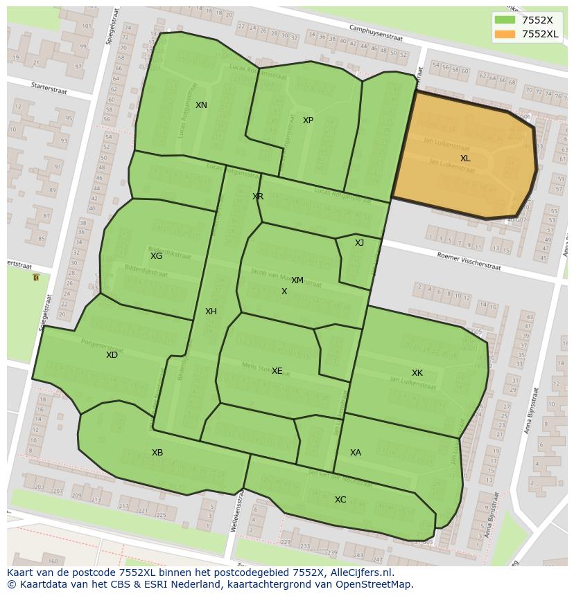 Afbeelding van het postcodegebied 7552 XL op de kaart.