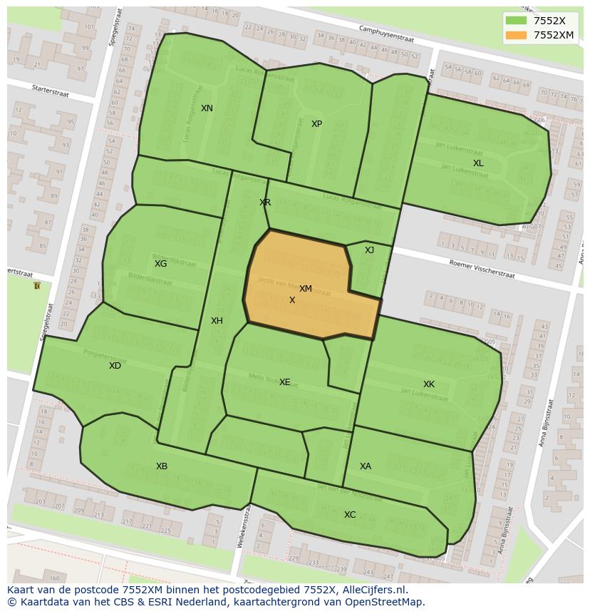 Afbeelding van het postcodegebied 7552 XM op de kaart.
