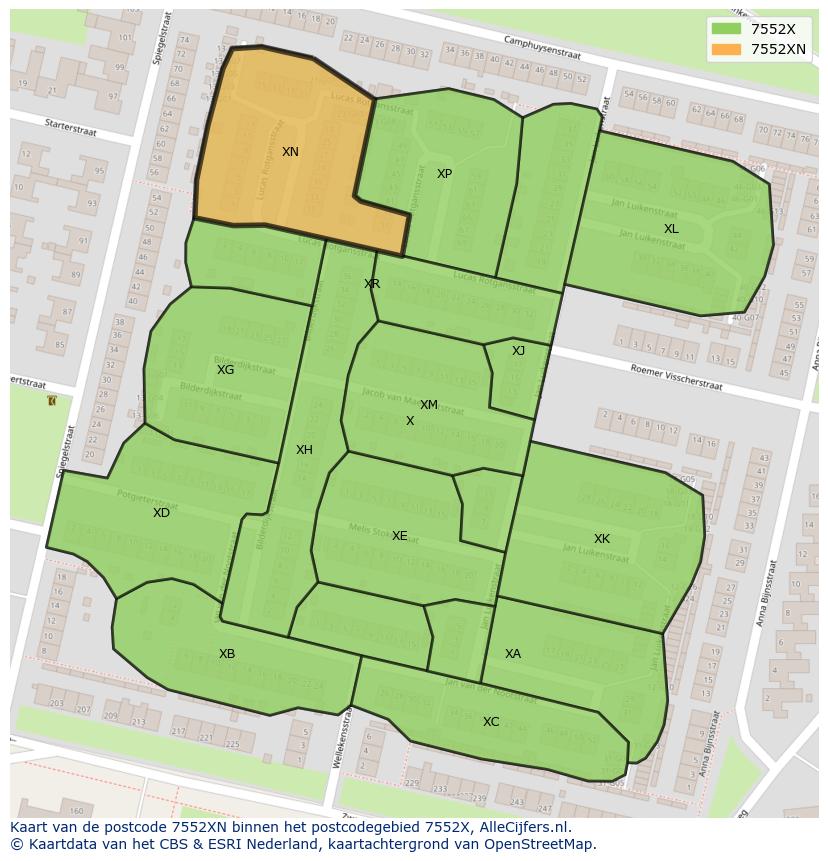 Afbeelding van het postcodegebied 7552 XN op de kaart.