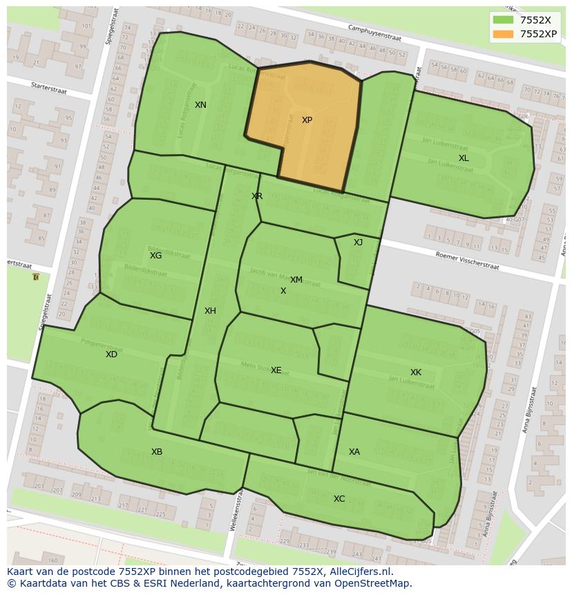 Afbeelding van het postcodegebied 7552 XP op de kaart.
