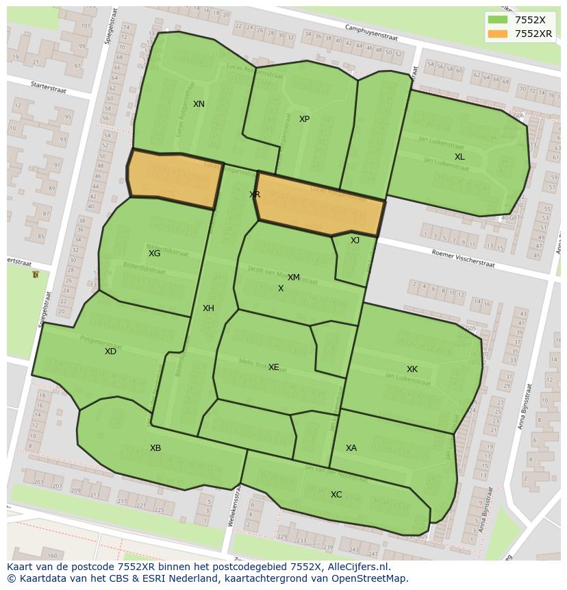 Afbeelding van het postcodegebied 7552 XR op de kaart.