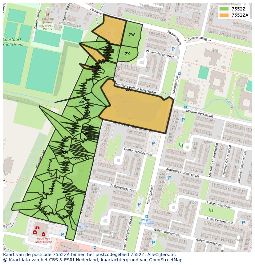 Afbeelding van het postcodegebied 7552 ZA op de kaart.