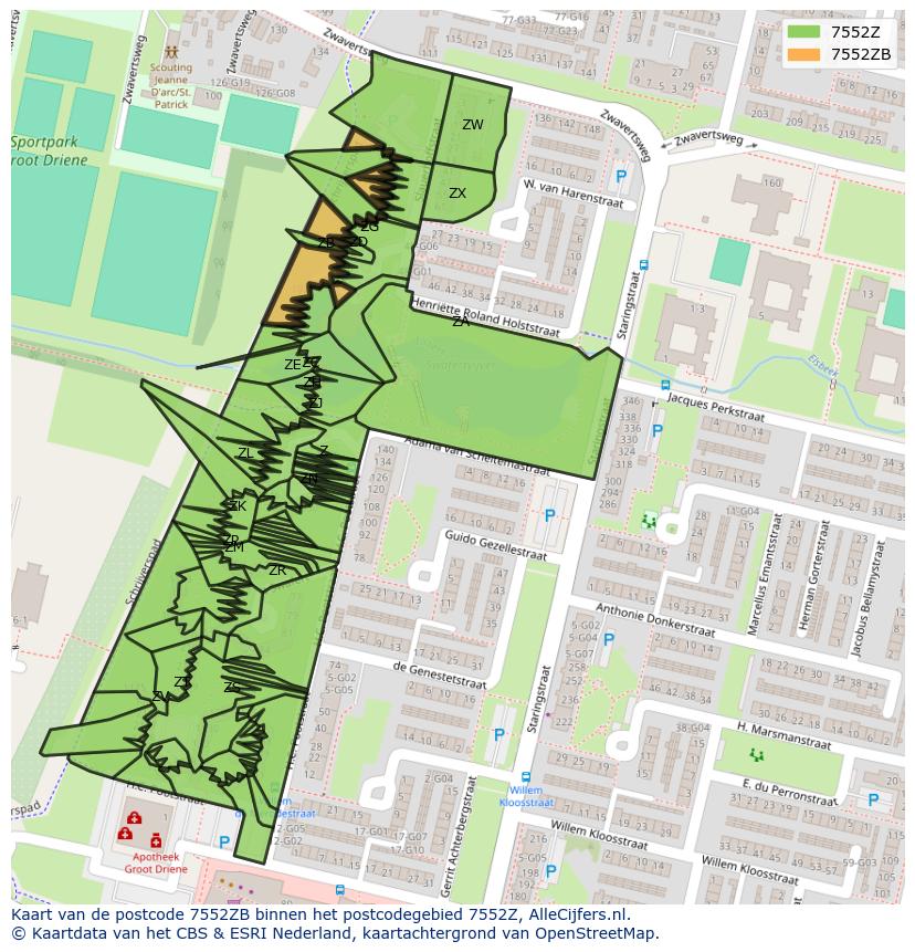Afbeelding van het postcodegebied 7552 ZB op de kaart.