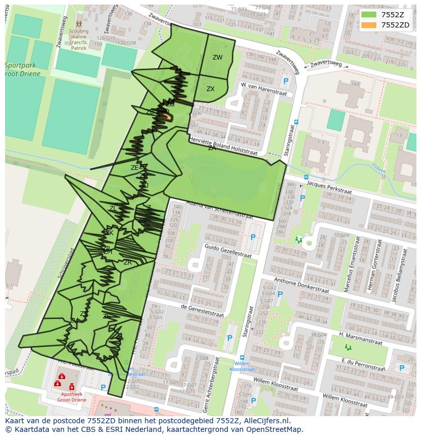 Afbeelding van het postcodegebied 7552 ZD op de kaart.