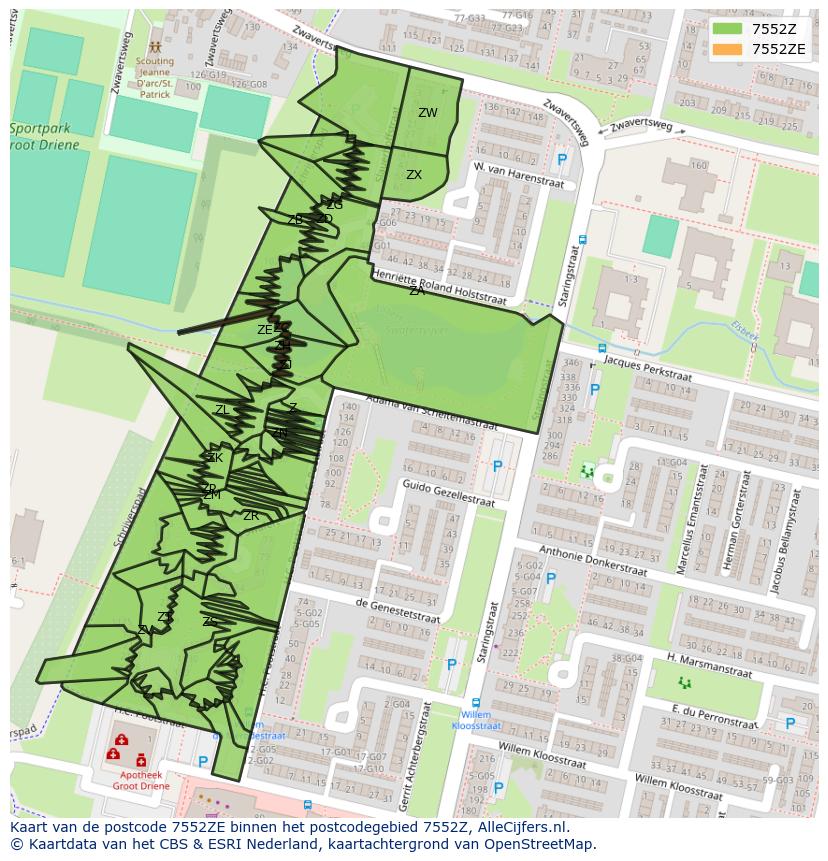 Afbeelding van het postcodegebied 7552 ZE op de kaart.