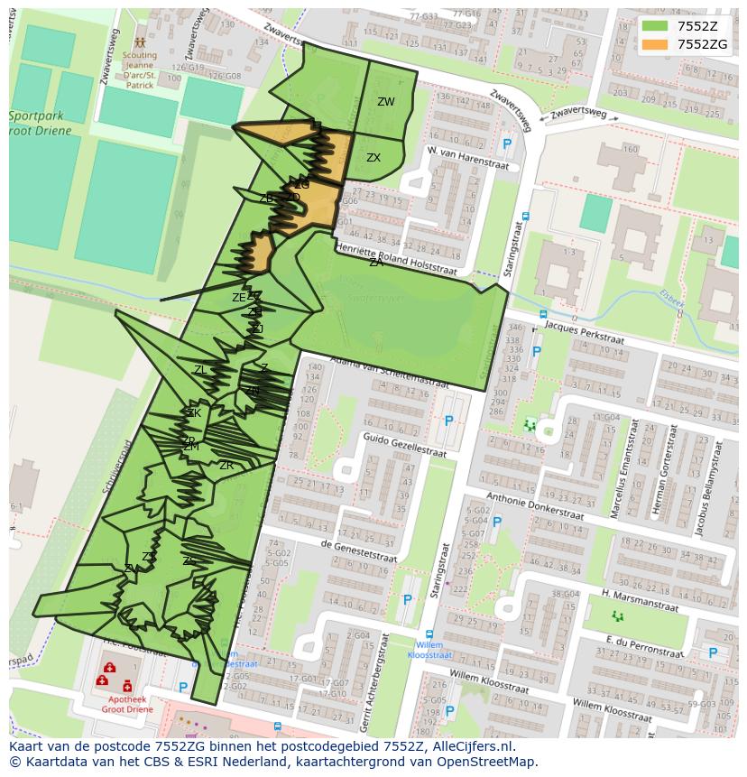 Afbeelding van het postcodegebied 7552 ZG op de kaart.