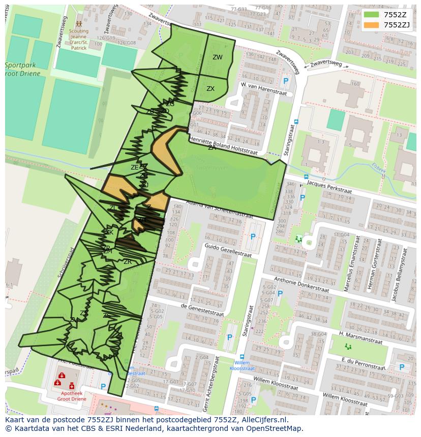 Afbeelding van het postcodegebied 7552 ZJ op de kaart.