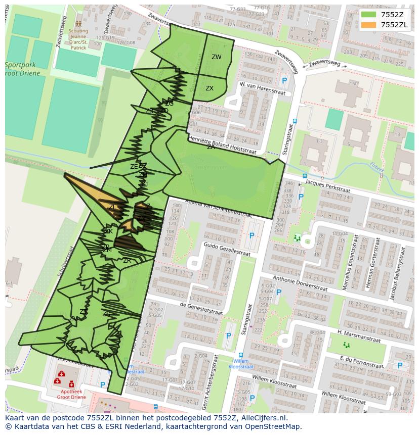 Afbeelding van het postcodegebied 7552 ZL op de kaart.